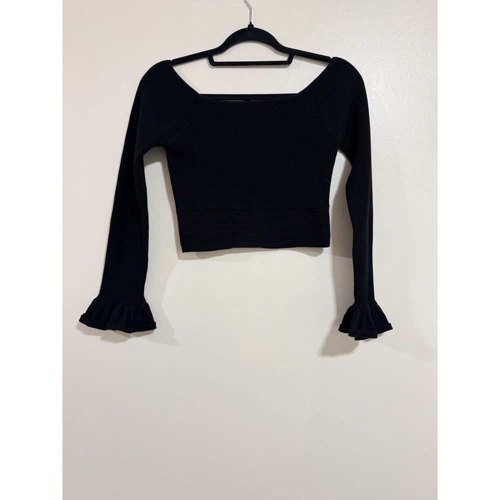 Gianni Bini Crop Fitted Women's Black Ribbed Top Size Small Bell Sleeve Goth